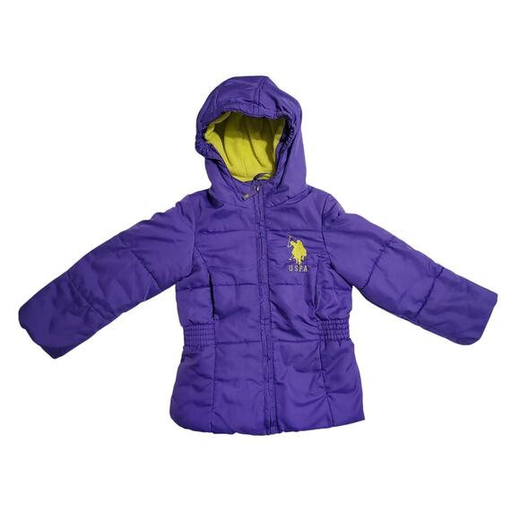 U.S. Polo Assn. Girls Puffer Coat Jacket Purple Lime Green Hooded Polo Logo 5/6 - Picture 1 of 8
